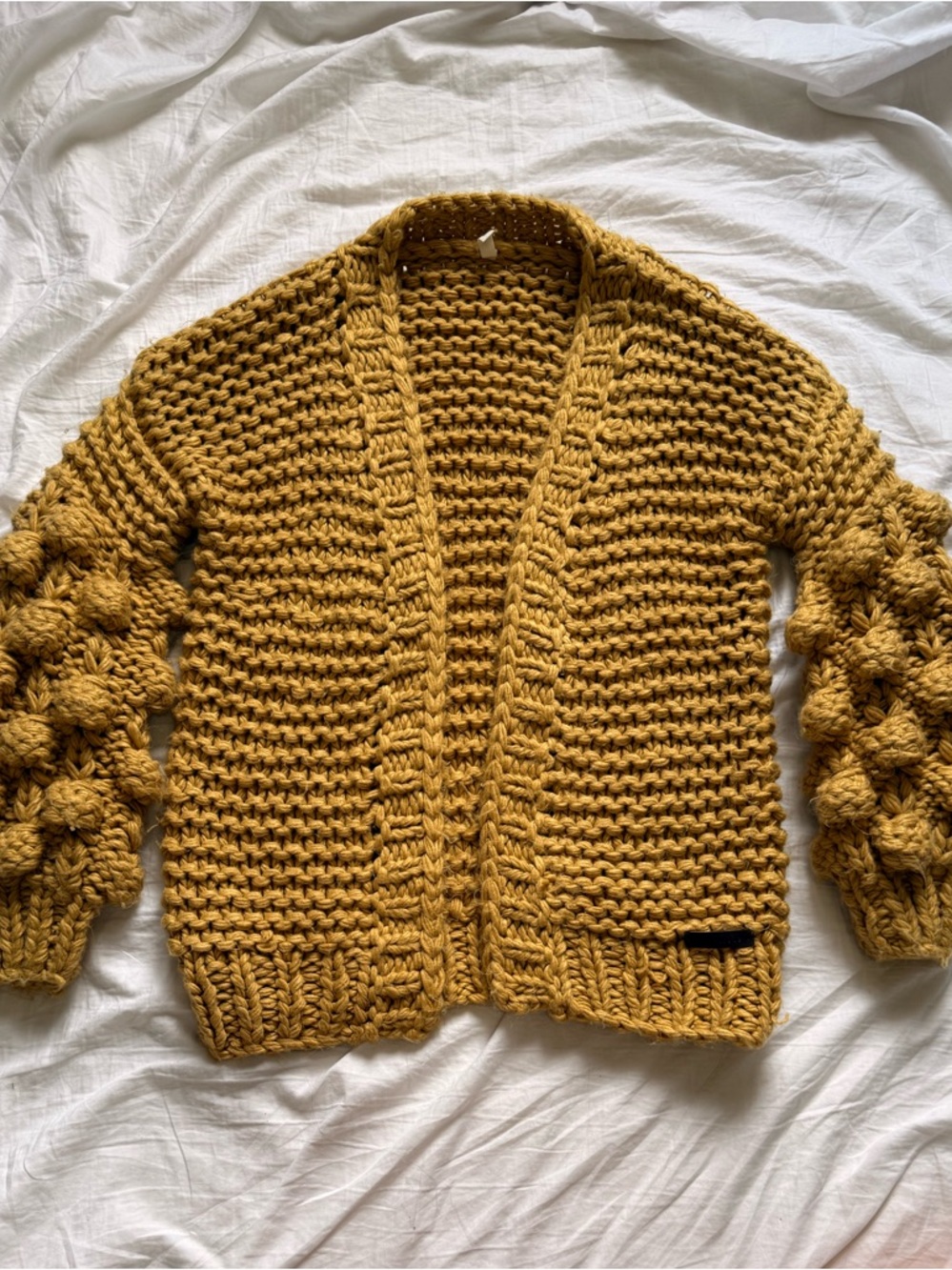 Open-Front Bubble-Sleeve Cardigan in Mustard